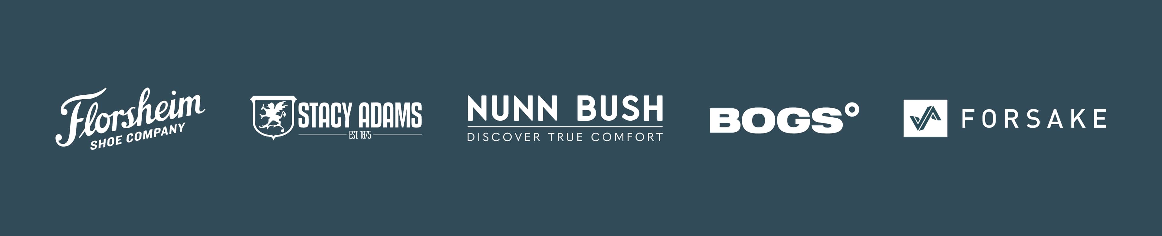 Image features a blue background with white brand logos for Florsheim, Stacy Adams, Nunn Bush, Bogs and Forsake.