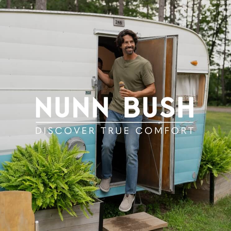 Image features a man stepping out of a camper wearing the Nunn Bush Brew City slip on and a white Nunn Bush logo.