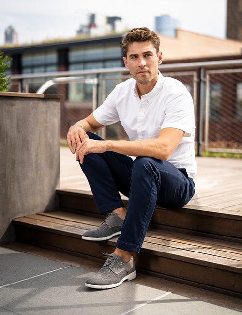 The featured image shows a model wearing the Westside Knit Plain Toe Oxford in Gray. 